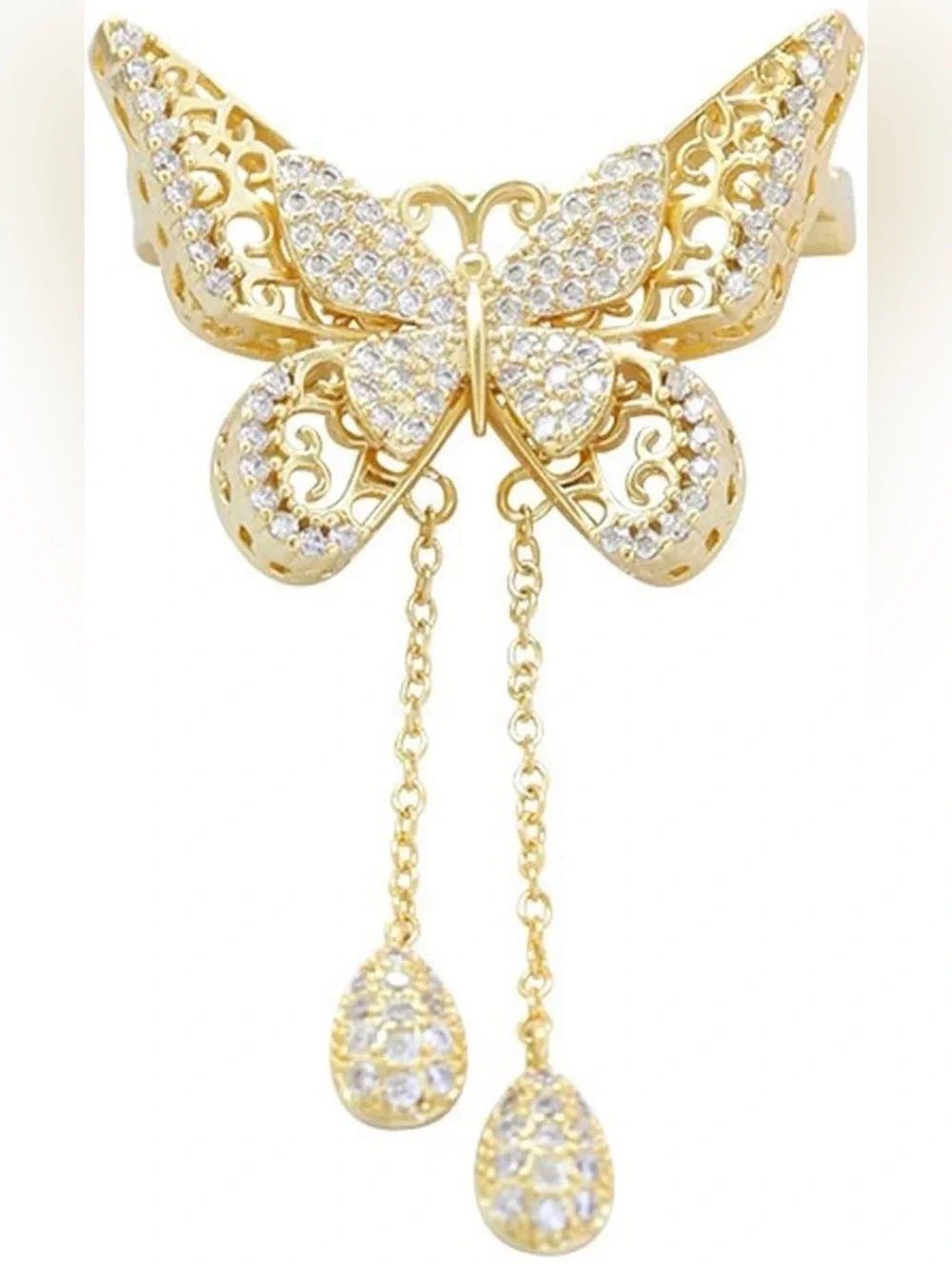Anthropologie Gold Tone Butterfly Dangle Brooch with Clear Crystals